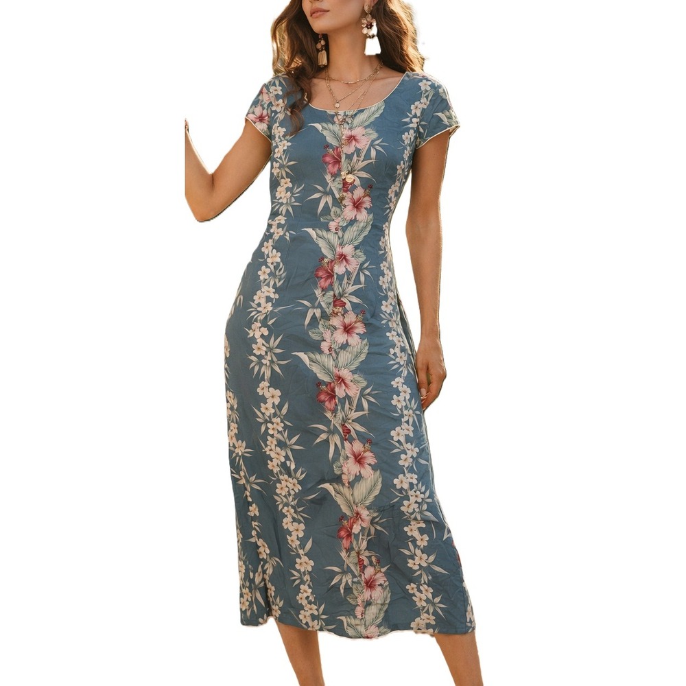 Vintage‎ Ionlani Gray Blue Tropical Floral SMALL Midi Dress Round Neck S